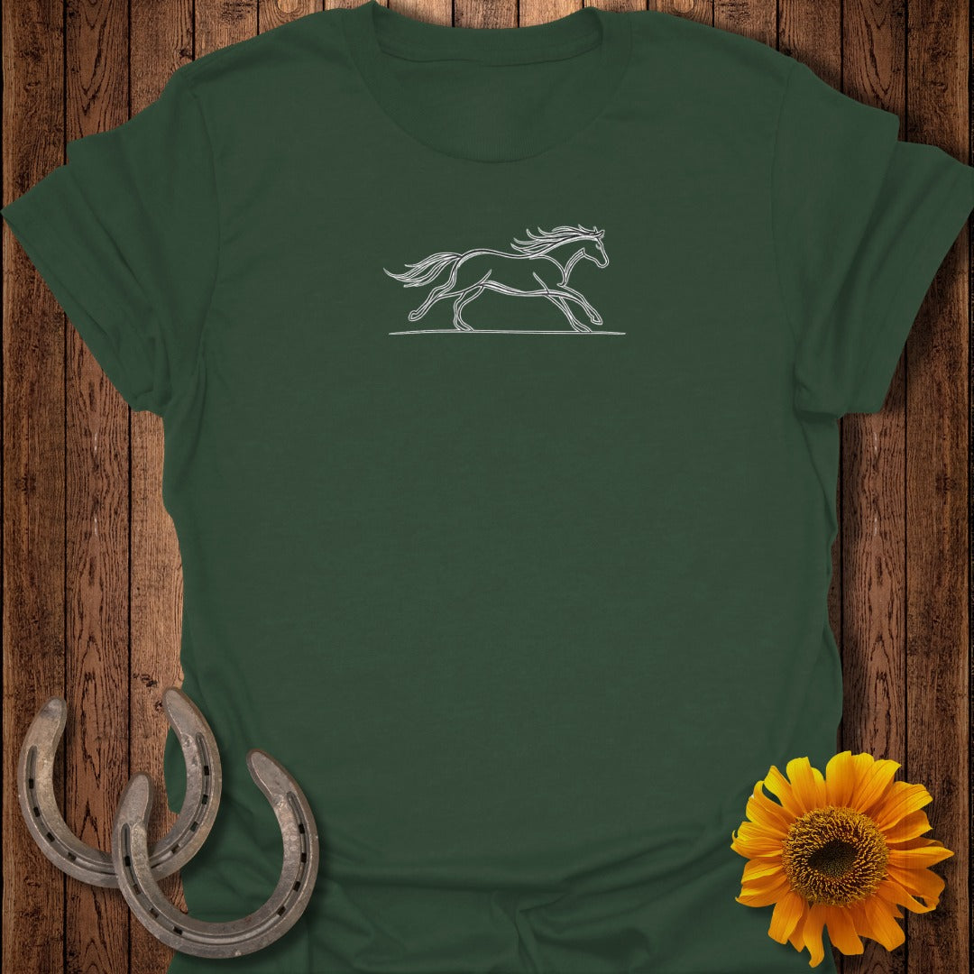 Dark green t-shirt with a white line drawing of a running horse.
