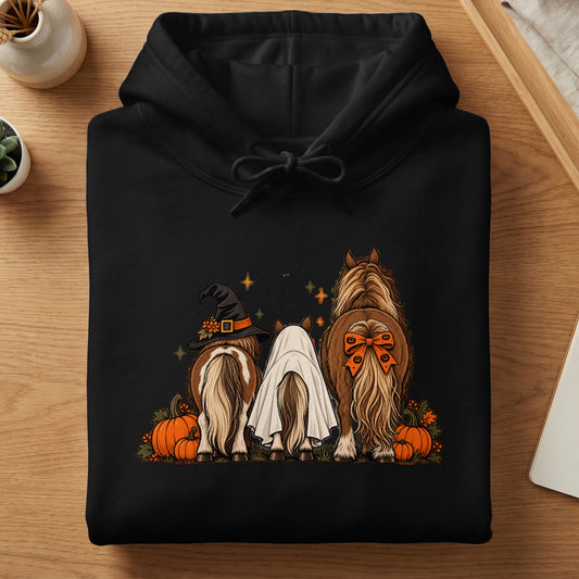 Three horses are depicted on a black hoodie: one wearing a witch hat, one as a ghost, and one with a bow.
