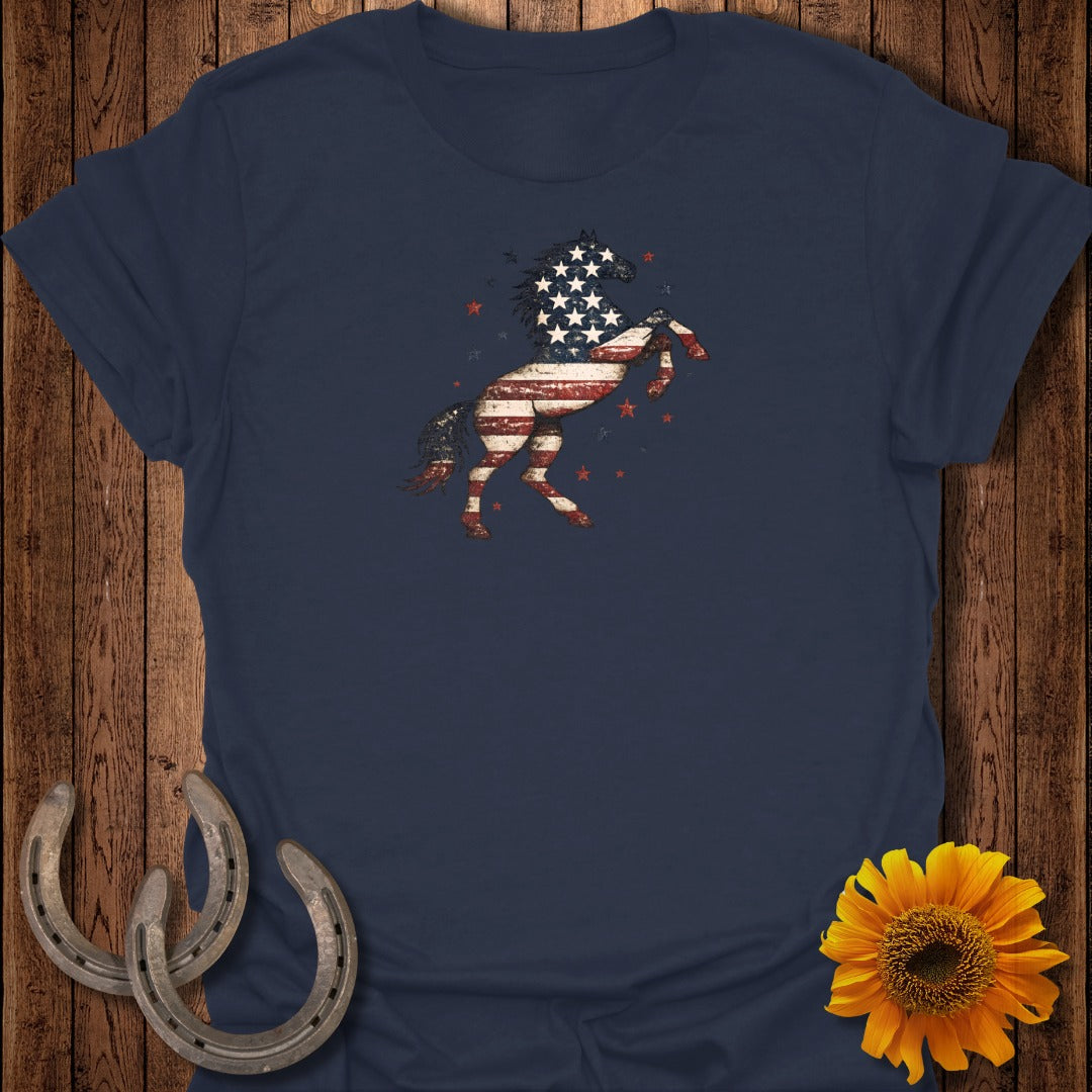 Navy t-shirt with a distressed American flag horse graphic and sunflowers.