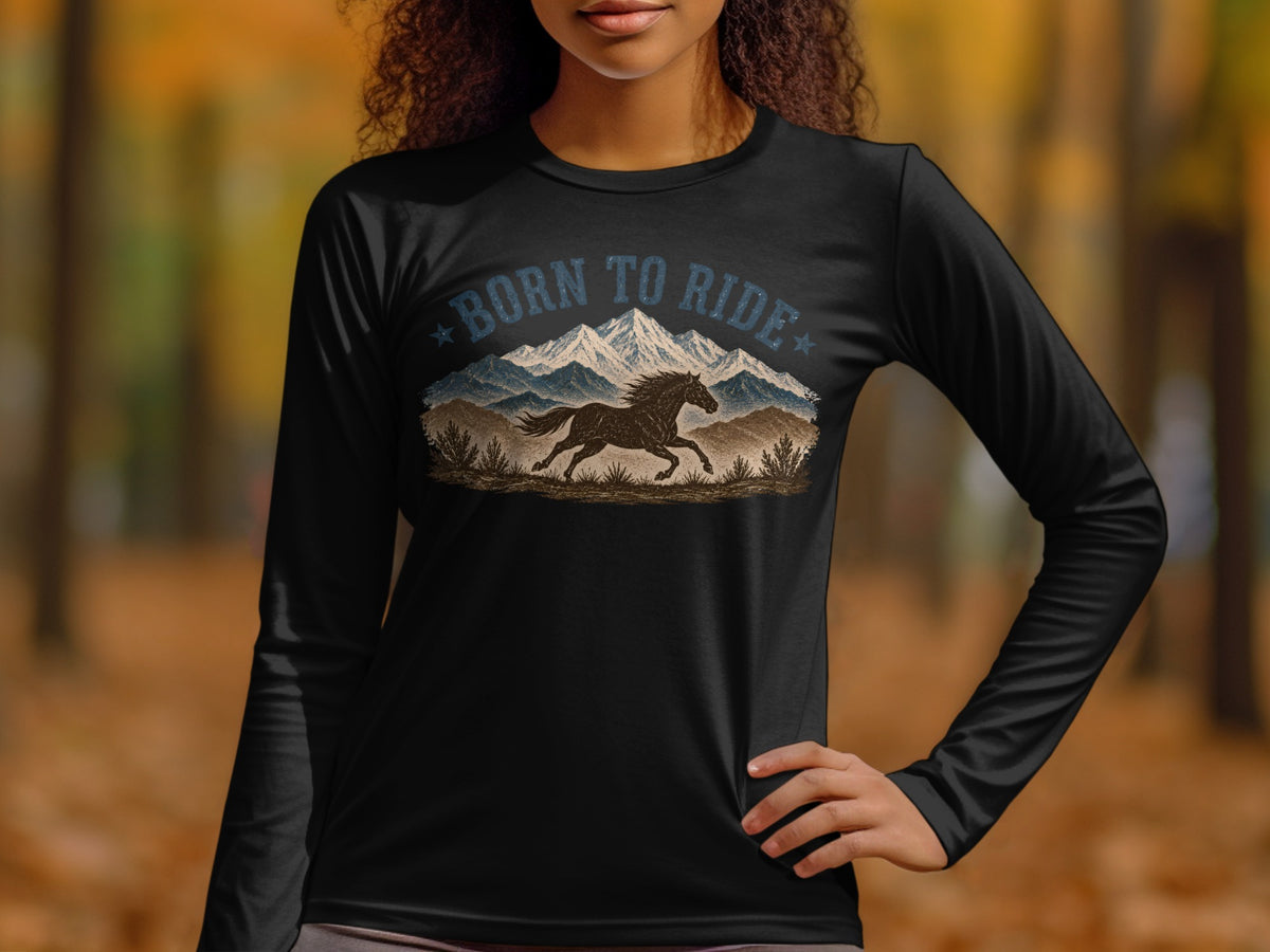 Black long-sleeve shirt with "Born to Ride" text and running horse graphic.