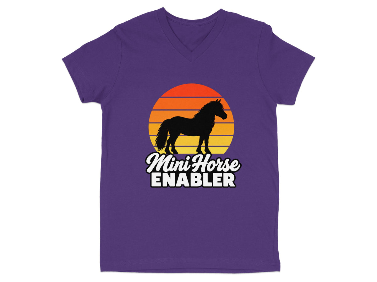 A purple V-neck t-shirt featuring a retro sunset graphic and the text Mini Horse ENABLER.