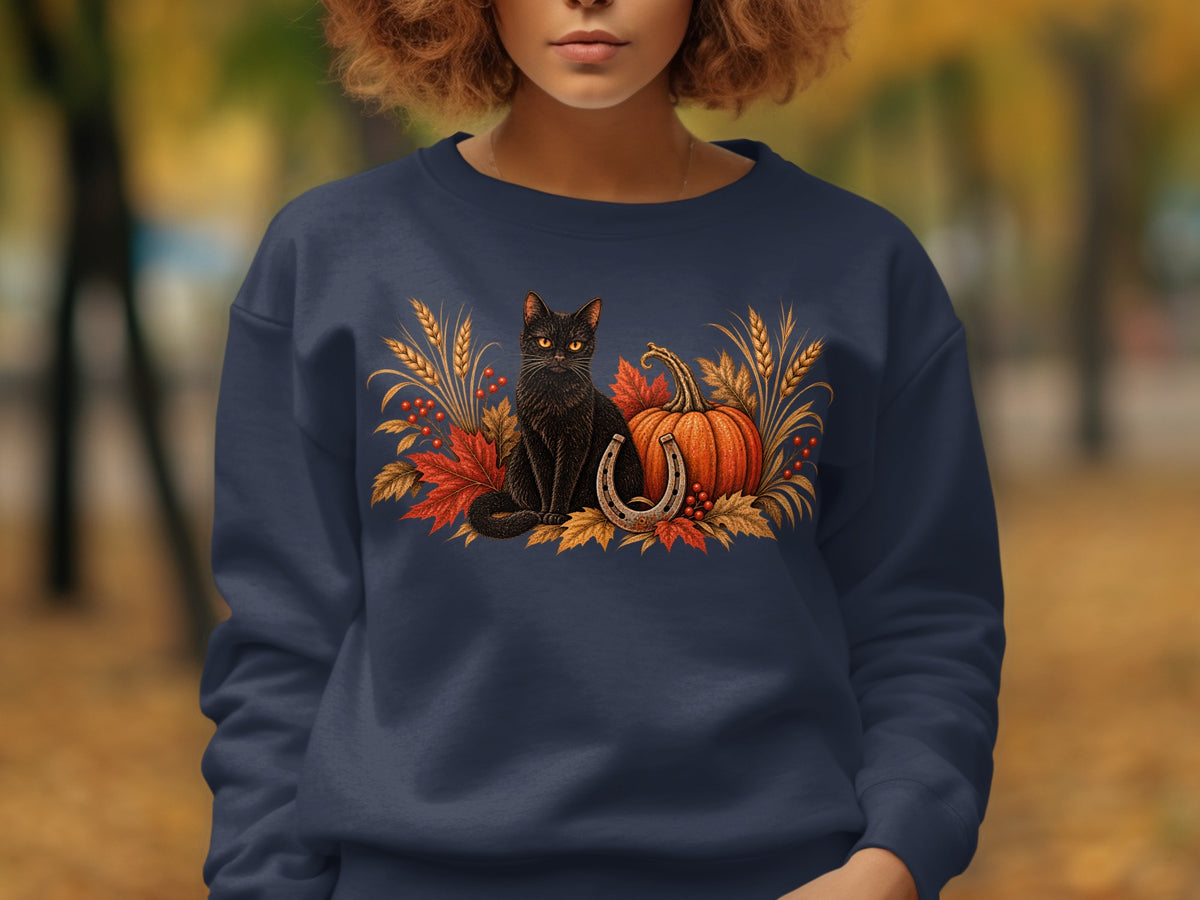 Black cat, pumpkin, horseshoe, and autumn leaves graphic on navy sweatshirt.