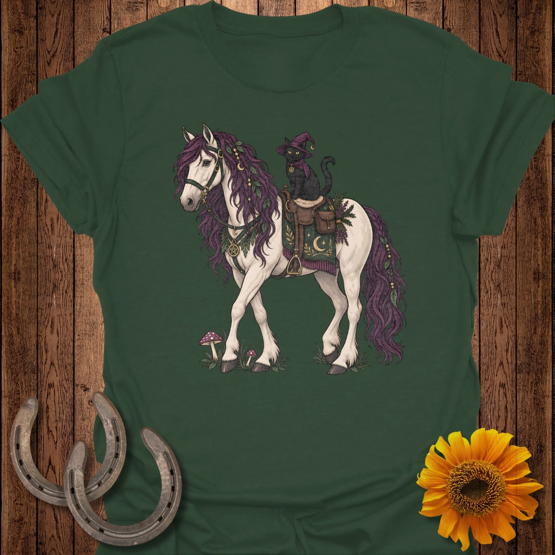 White horse with purple mane and tail, carrying a black cat wearing a witch hat.