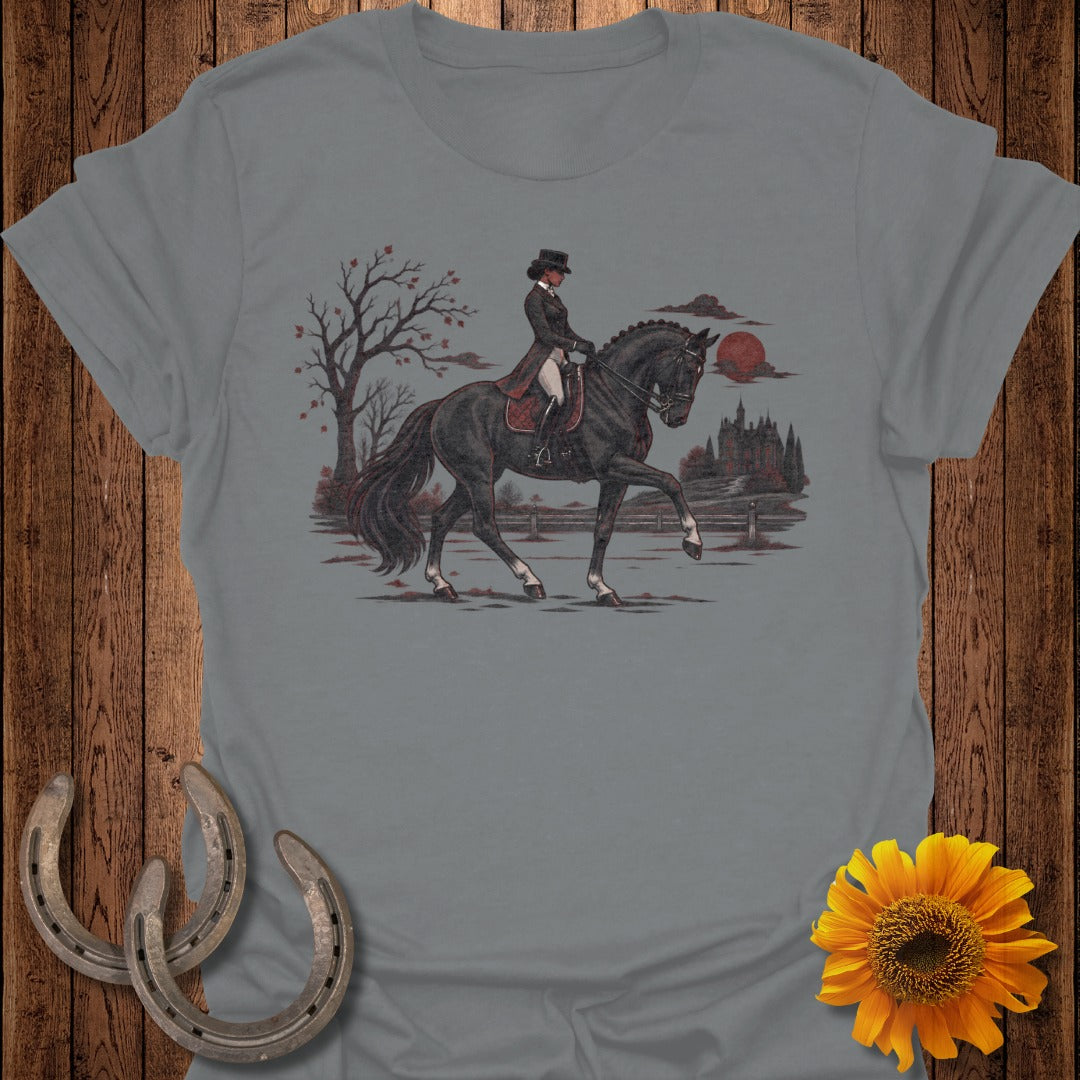 Illustration of a person in a top hat riding a horse with a castle in the background.