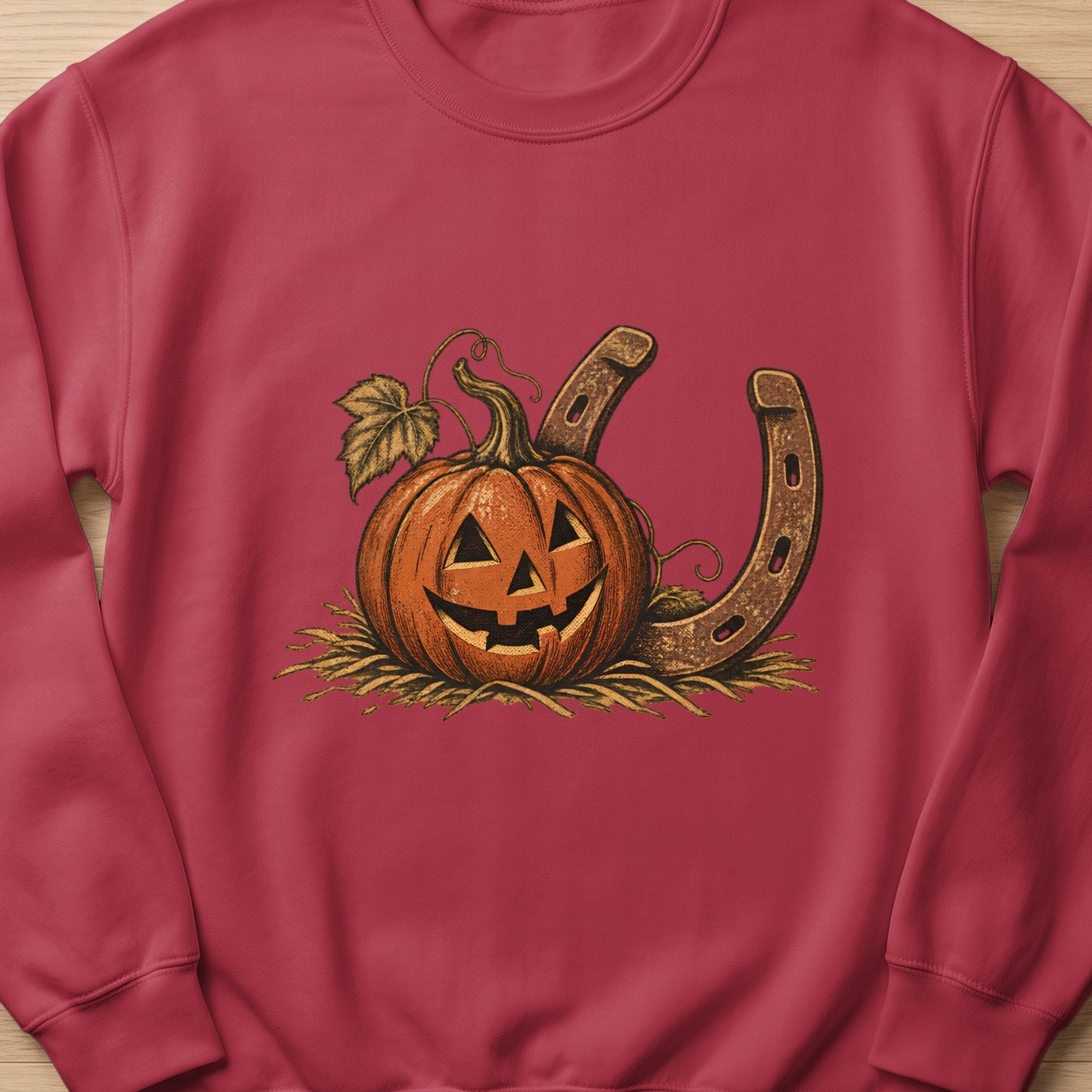 Jack-o'-lantern and horseshoe graphic on a maroon sweatshirt.