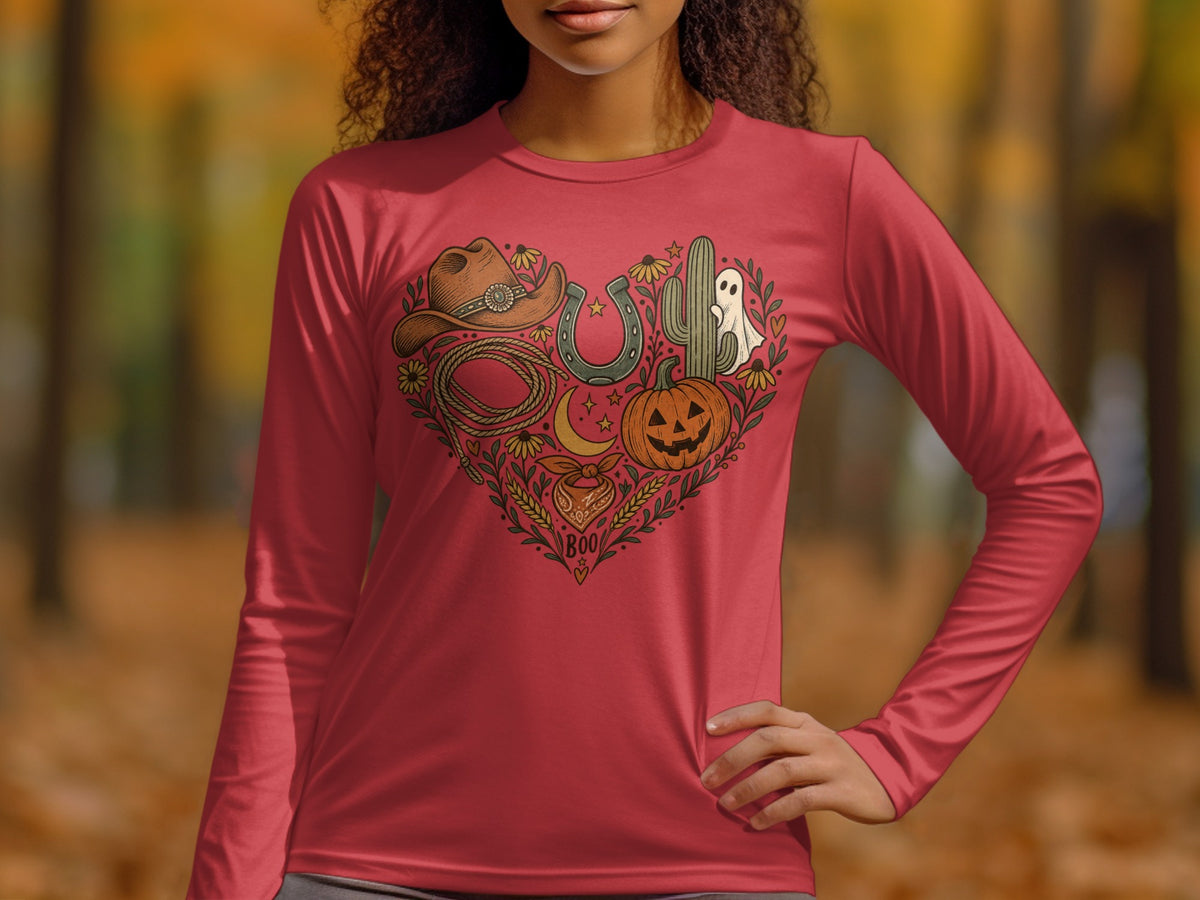 Red long sleeve shirt with heart-shaped western and Halloween graphic.