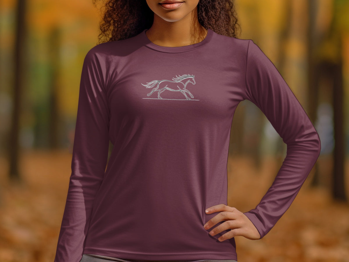 Burgundy long-sleeve shirt with a white line drawing of a horse in motion.