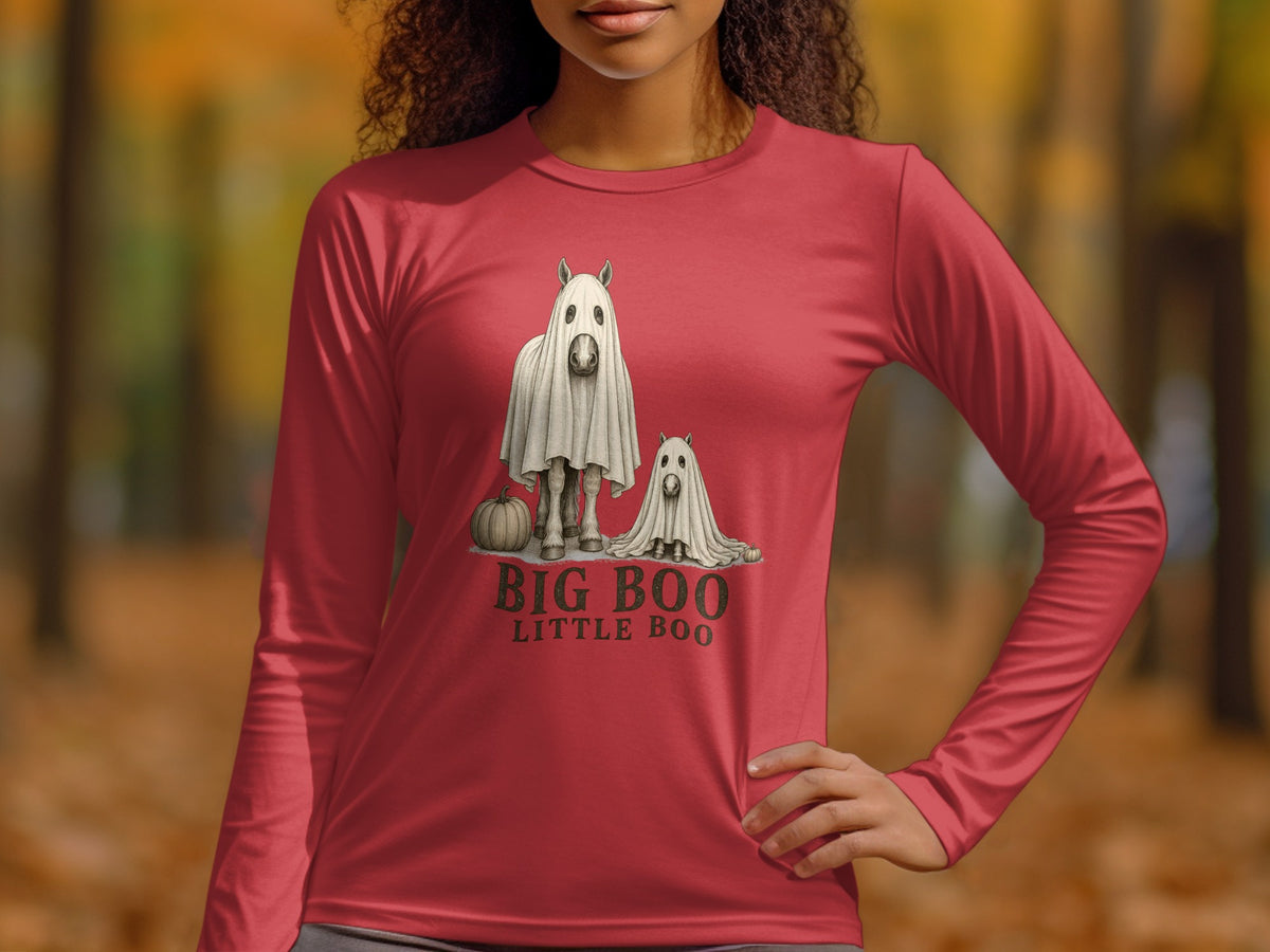 Red long sleeve shirt with "Big Boo Little Boo" and ghost horses graphic.