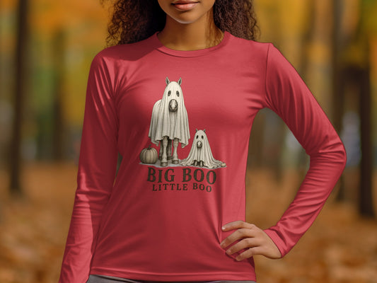 Red long sleeve shirt with "Big Boo Little Boo" and ghost horses graphic.