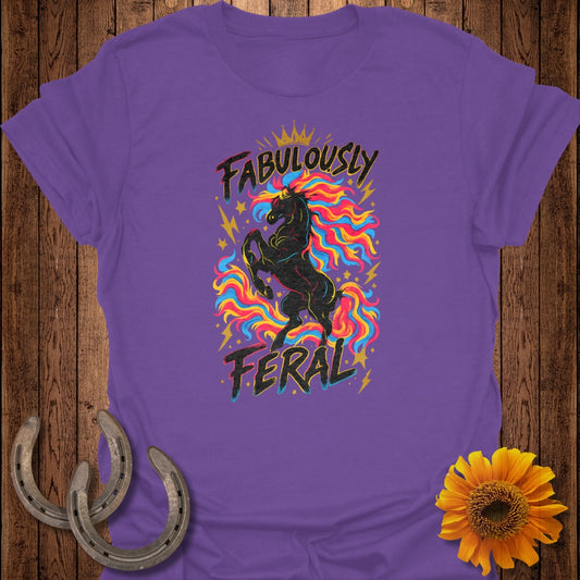 Purple t-shirt with a black horse and colorful mane, text "FABULOUSLY FERALL".