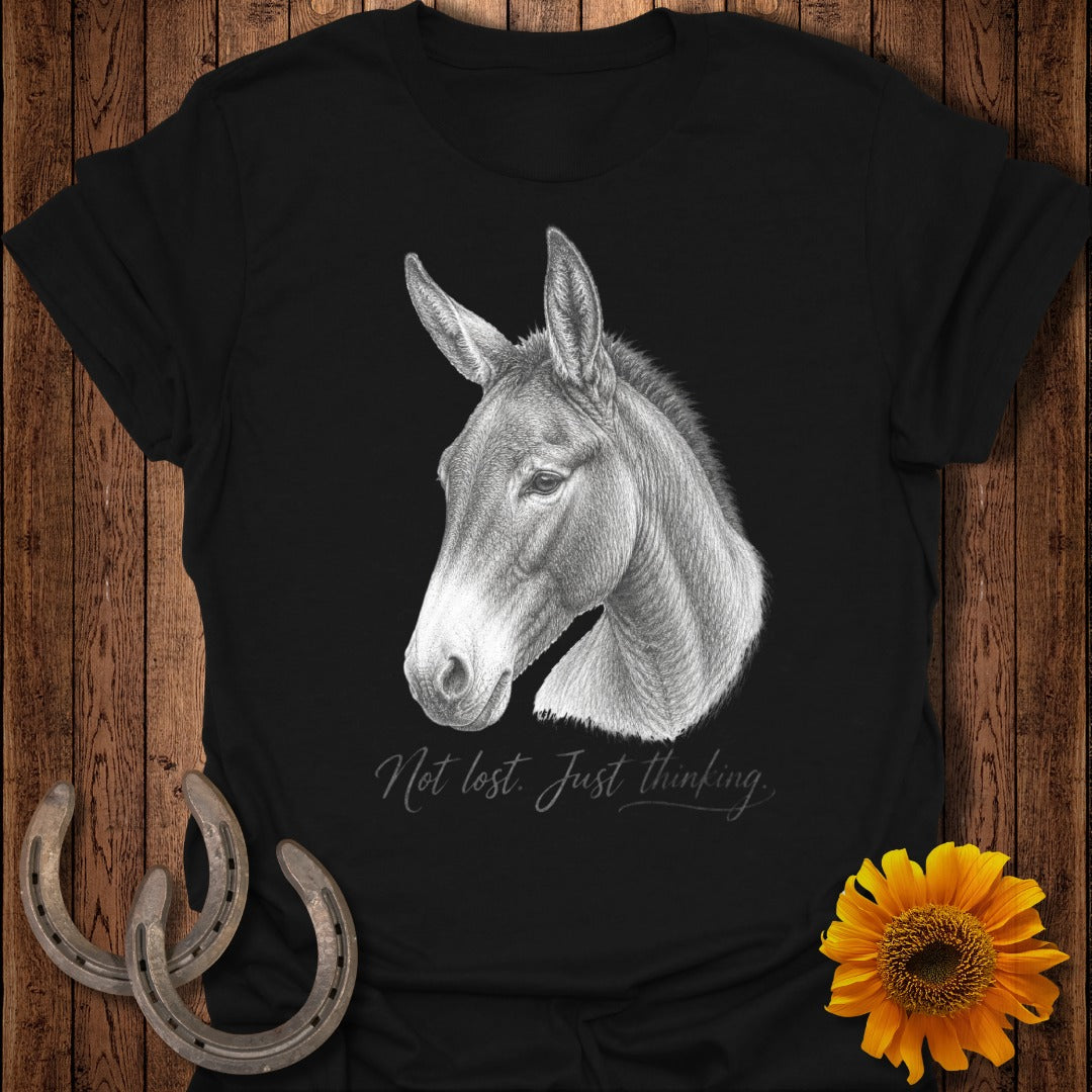 Black t-shirt with a donkey head drawing and the text "Not lost. Just thinking."