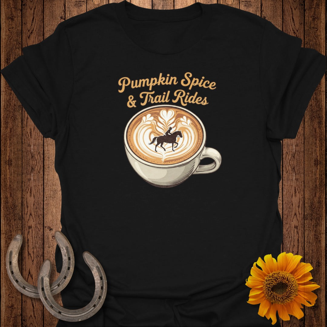 Black t-shirt with pumpkin spice and trail rides text and coffee cup with horse rider art.