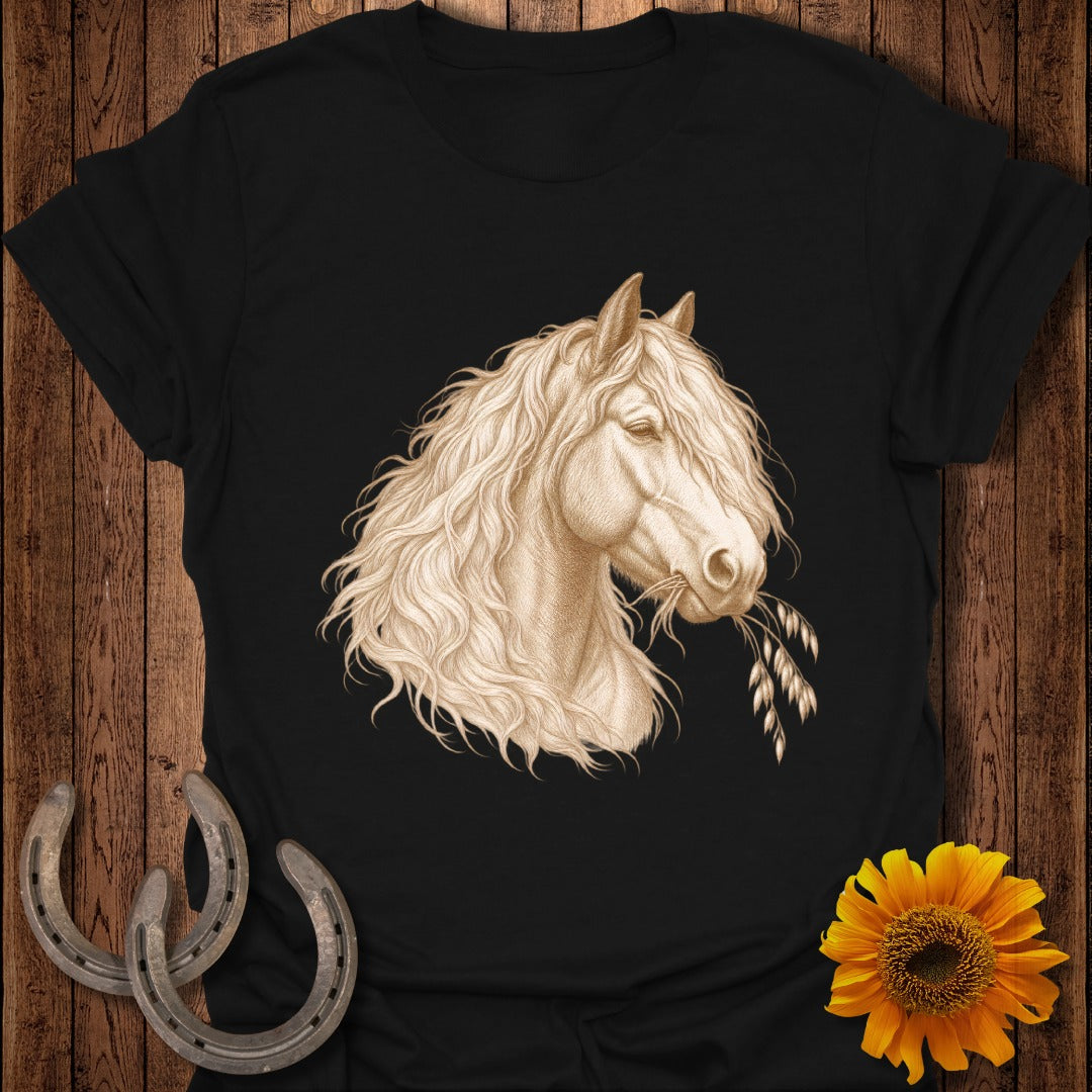 Black t-shirt with a detailed illustration of a horse's head eating wheat.