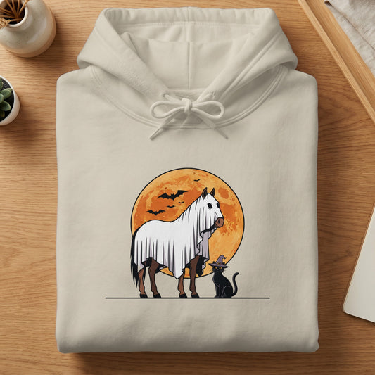 Horse in ghost costume and black cat with witch hat on orange moon background.