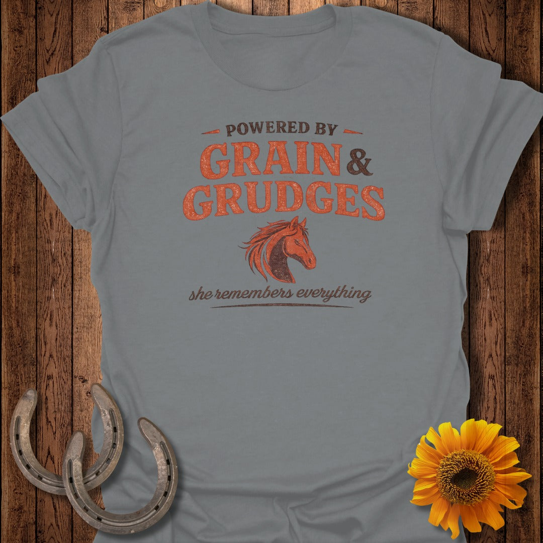 Gray t-shirt with "Powered by Grain & Grudges" and a horse graphic.