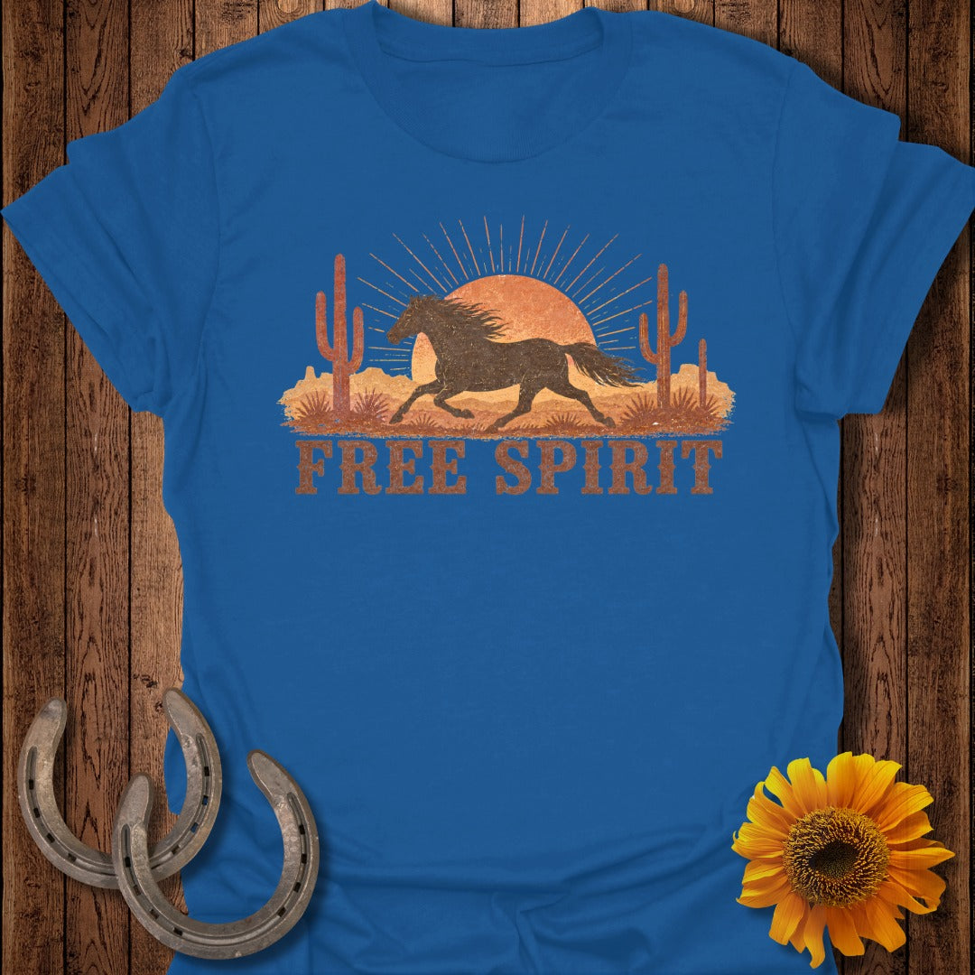 Blue t-shirt with a running horse, cacti, sun, and "FREE SPIRIT" text.