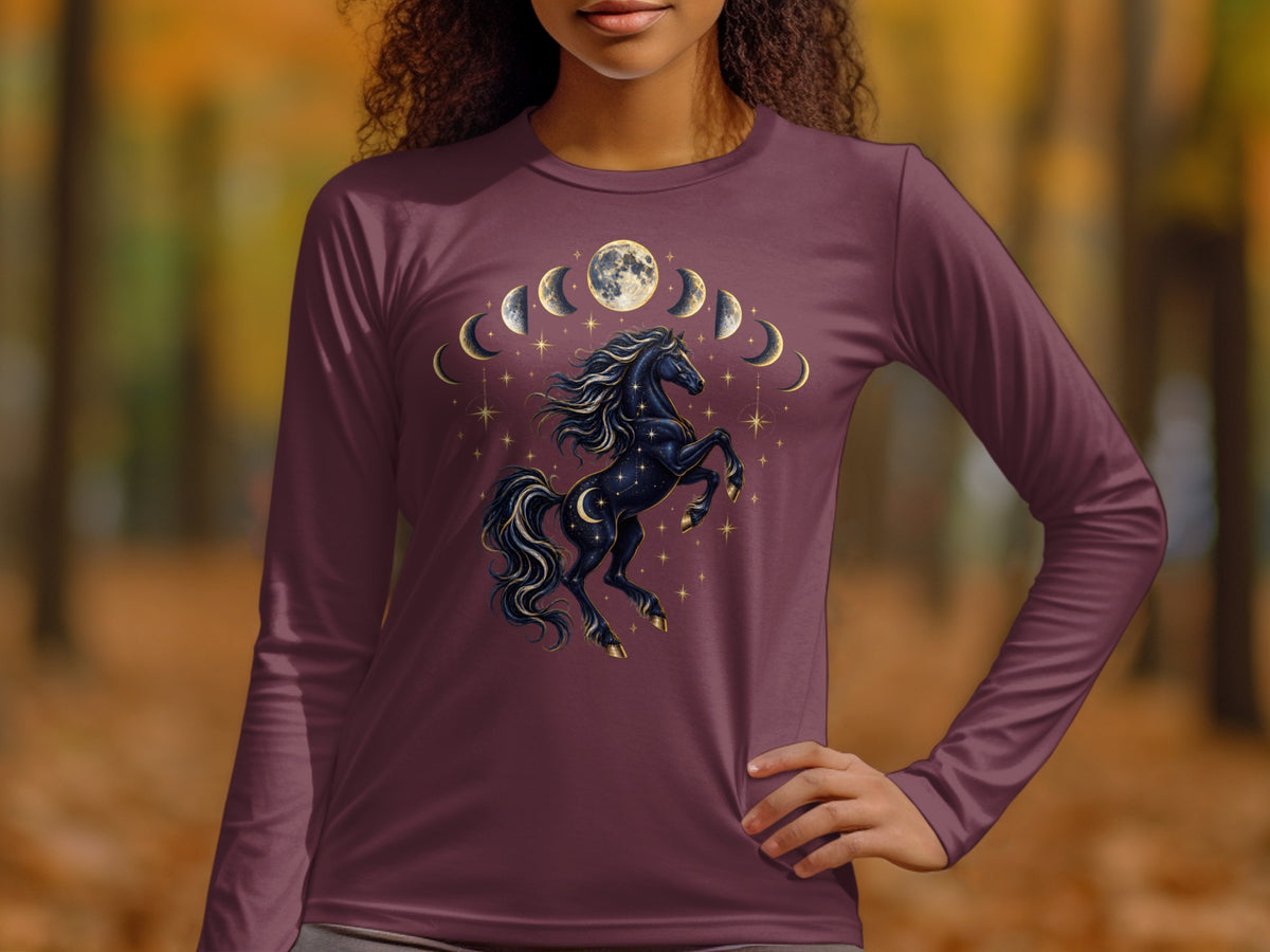Long sleeve shirt with a dark horse, moon phases, and starry celestial design.