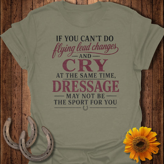 Olive green t-shirt with text about dressage and horseshoes.
