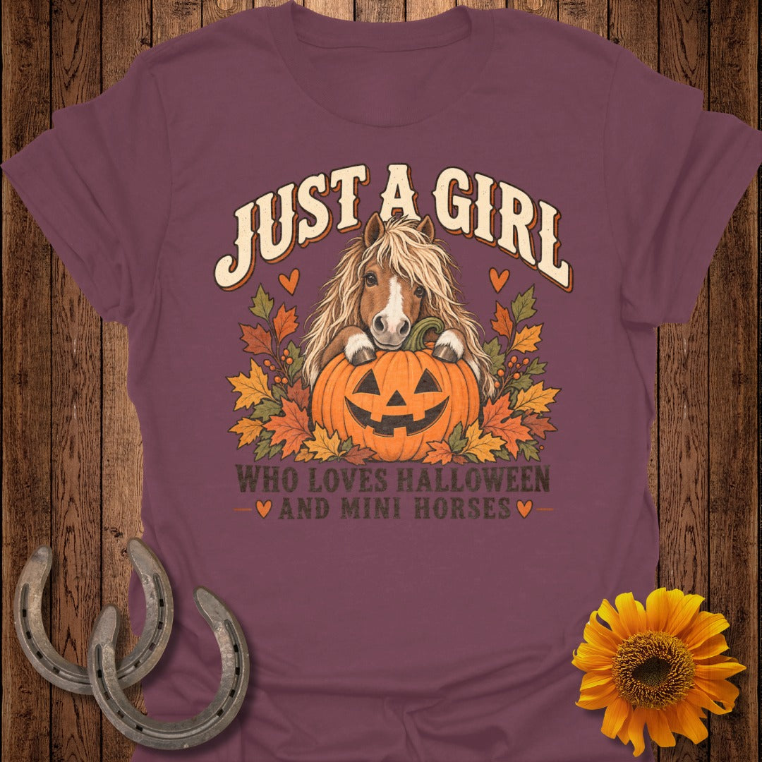 T-shirt with "Just a girl who loves Halloween and mini horses" text and horse in pumpkin.