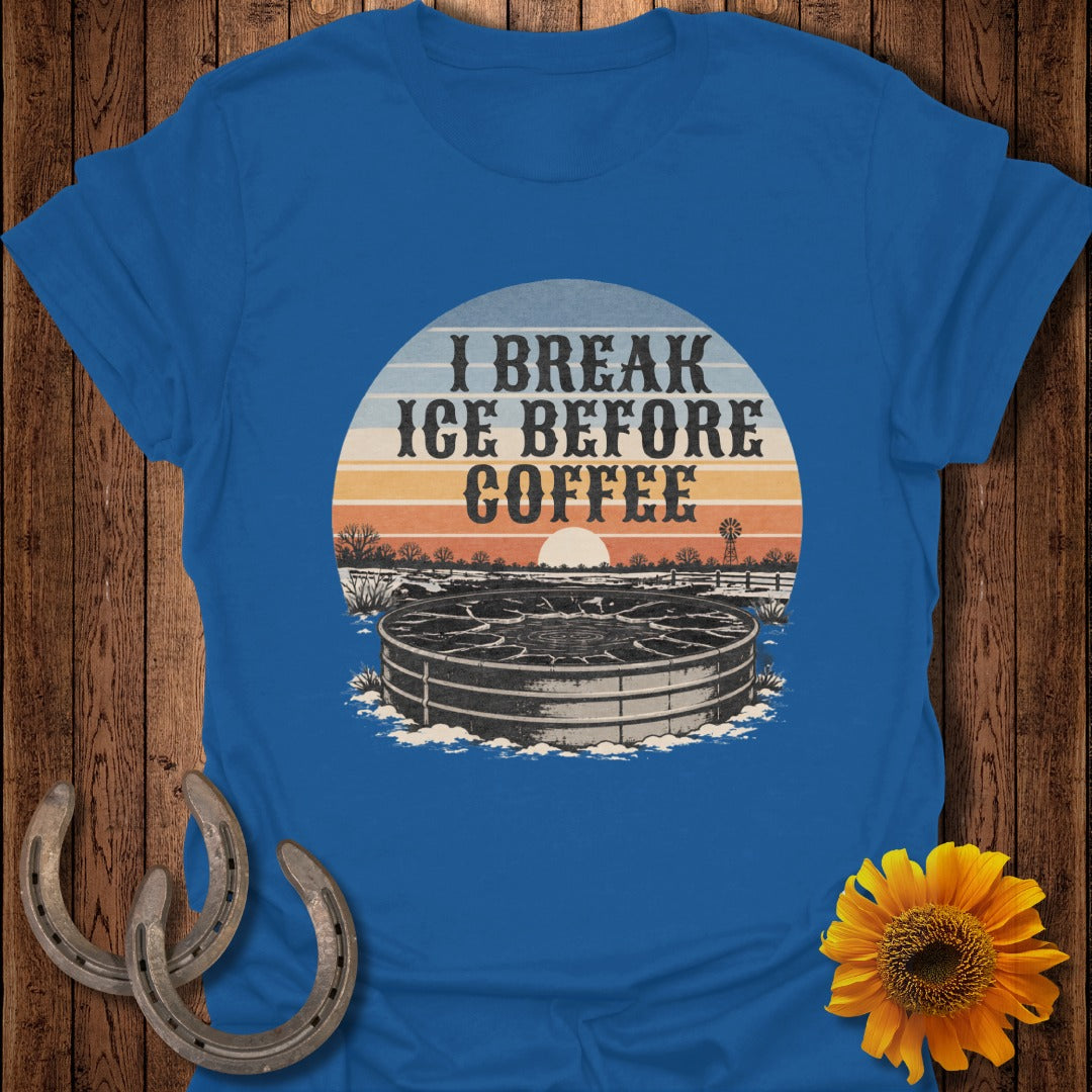 Blue t-shirt with "I BREAK ICE BEFORE COFFEE" text and rural scene.