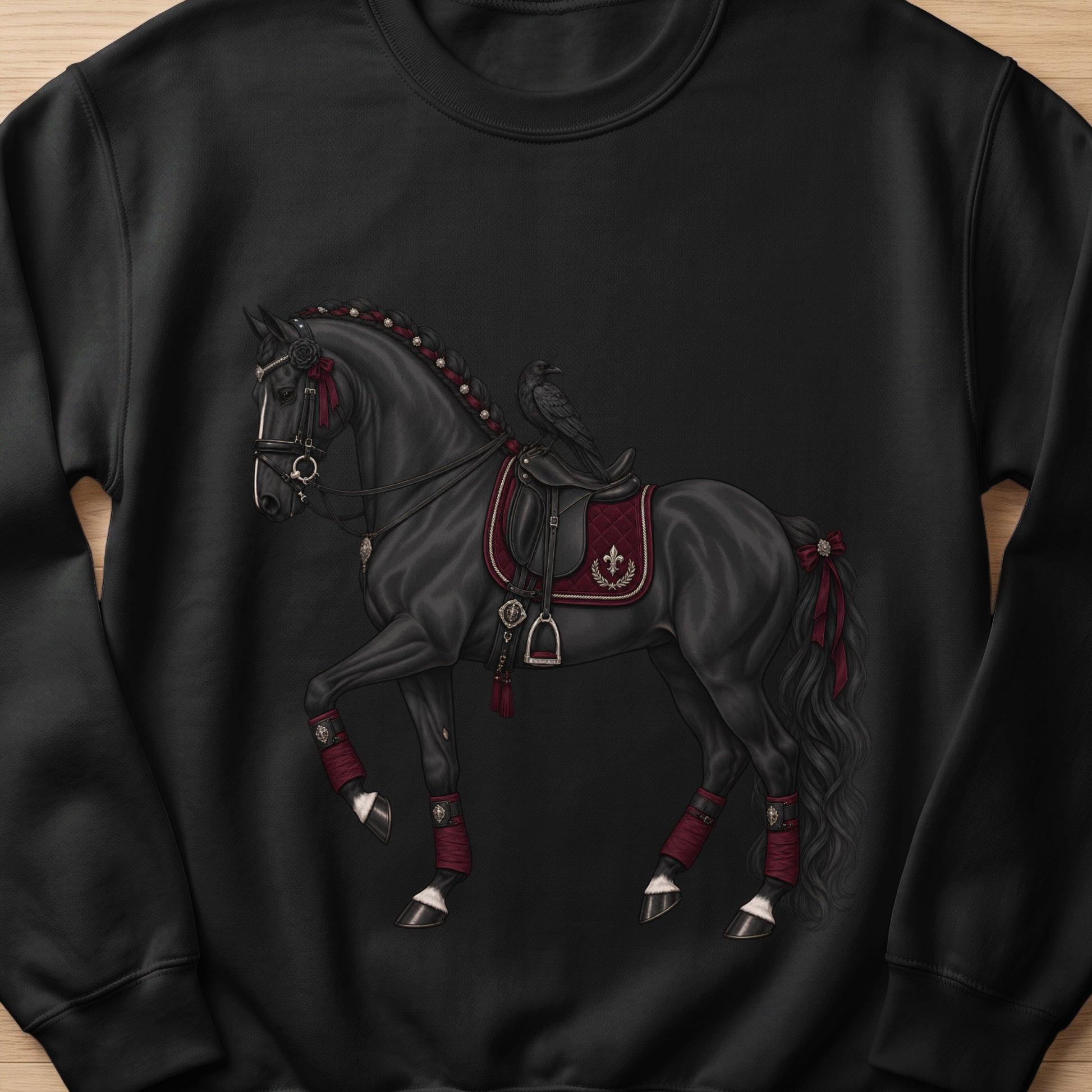 Black horse with raven on saddle, adorned with red ribbons and gold accents.