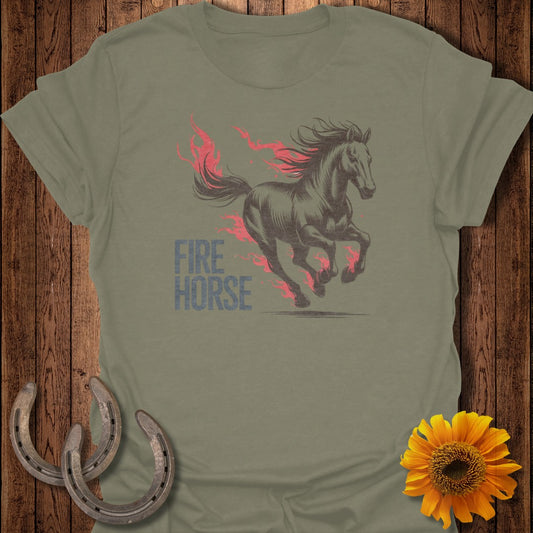 T-shirt with a fiery dark horse illustration and "FIRE HORSE" text.