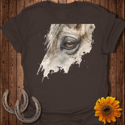 Brown t-shirt featuring a watercolor close-up of a horse's eye.