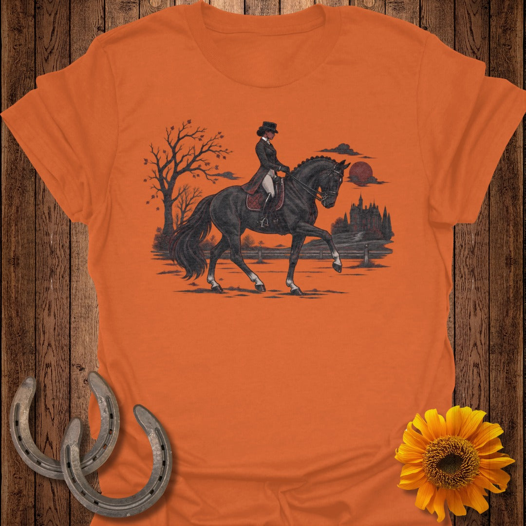 Illustration of a person on horseback in a field with a castle and trees.