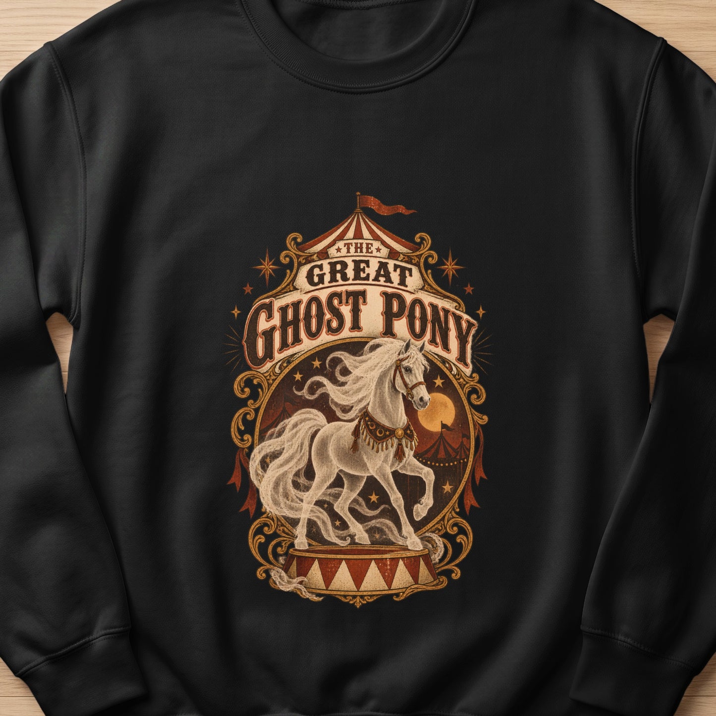 Black sweatshirt with "The Great Ghost Pony" circus-themed graphic.