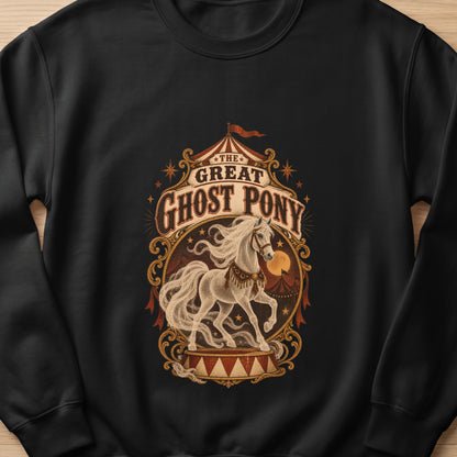 Black sweatshirt with "The Great Ghost Pony" circus-themed graphic.