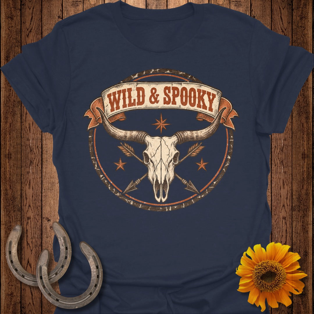 Navy t-shirt with bull skull, arrows, and "Wild & Spooky" text.