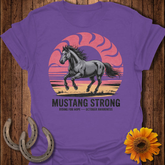 Purple t-shirt with a running horse graphic and "Mustang Strong" text.