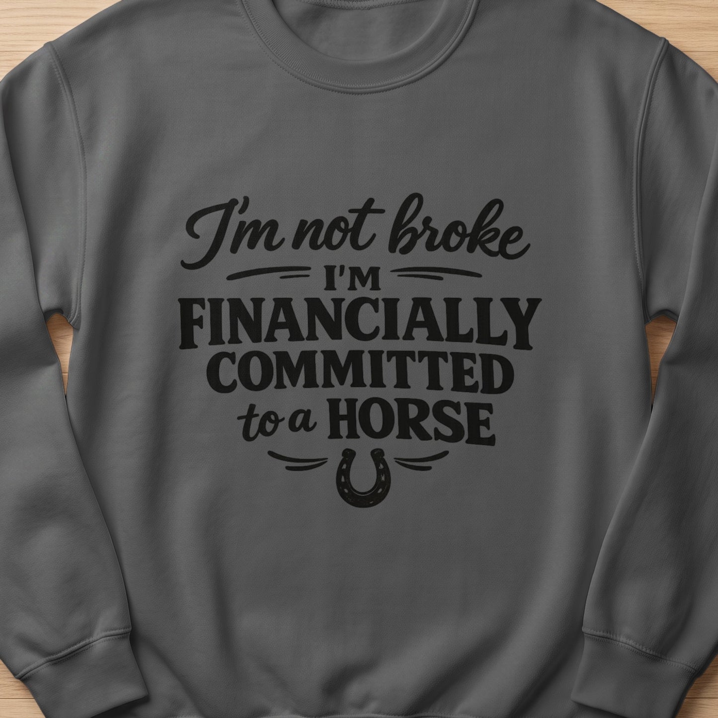 Dark grey sweatshirt with black text: "I'm not broke = I'm financially committed to a horse" and horseshoe graphic.