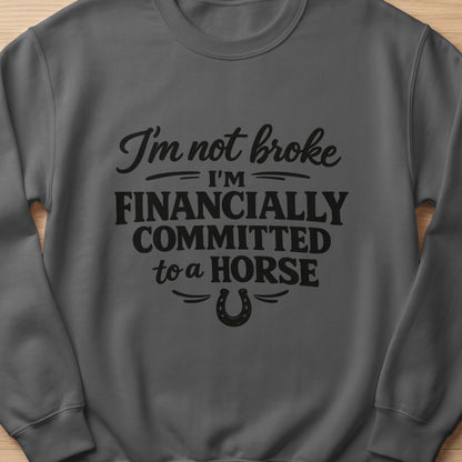 Dark grey sweatshirt with black text: "I'm not broke = I'm financially committed to a horse" and horseshoe graphic.