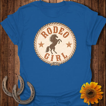 Blue t-shirt with "Rodeo Girl" text and a rearing horse graphic.