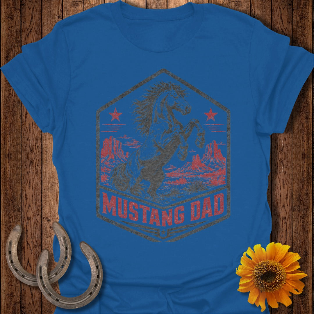 Mustang Dad graphic on a blue t-shirt with horseshoes and sunflower.