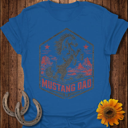 Mustang Dad graphic on a blue t-shirt with horseshoes and sunflower.