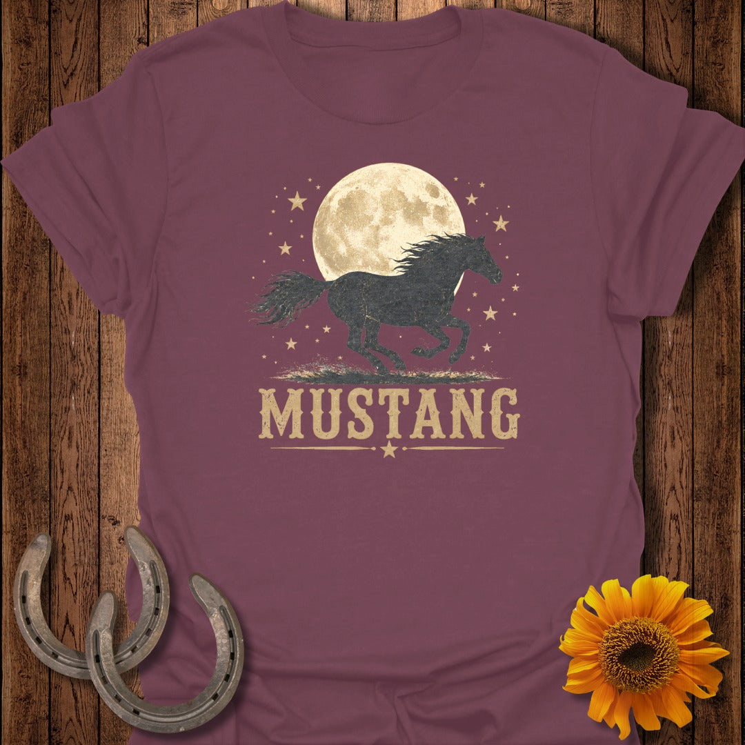 Maroon t-shirt with a running black mustang silhouette and "MUSTANG" text below.
