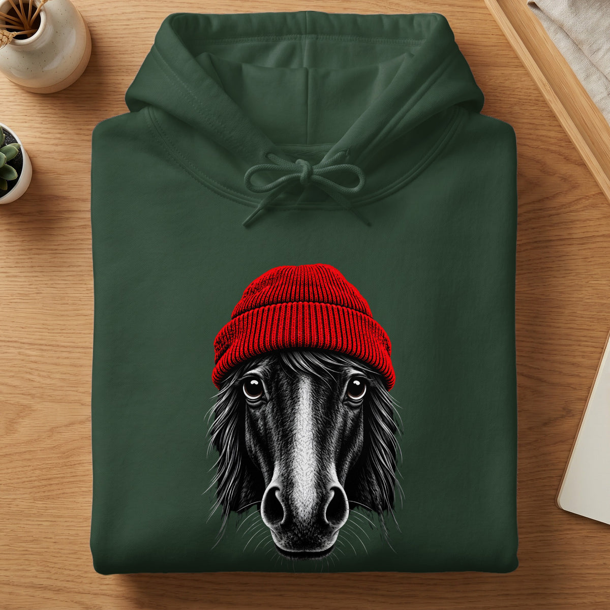 Dark green hooded sweatshirt featuring a graphic of a black horse wearing a red beanie.