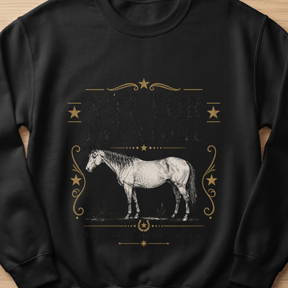 Black sweatshirt with vintage horse graphic and text "Not for everyone".