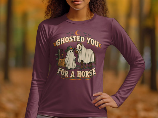 Ghosted You for a Horse graphic with a ghost and horse on a burgundy shirt.