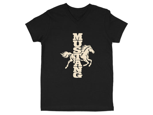Black V-neck t-shirt featuring a cream-colored graphic of a running horse intersected by vertical text reading MUSTANG.