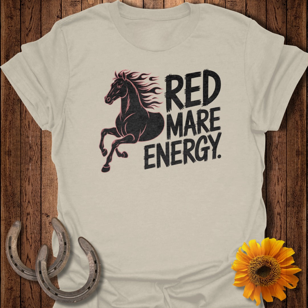 T-shirt with black horse graphic and "RED MARE ENERGY" text.
