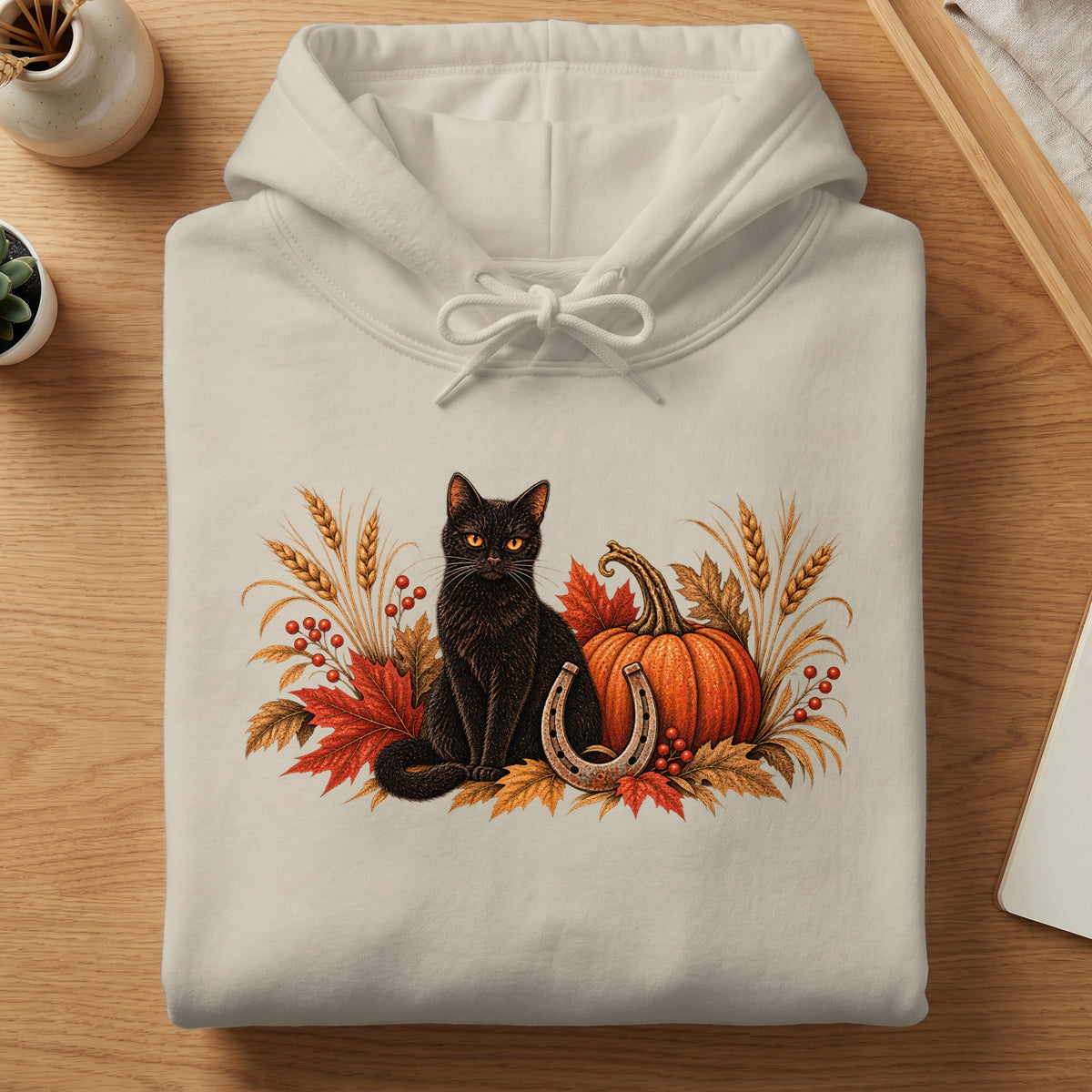 Black cat with pumpkin, horseshoe, leaves, and wheat on a cream hoodie.