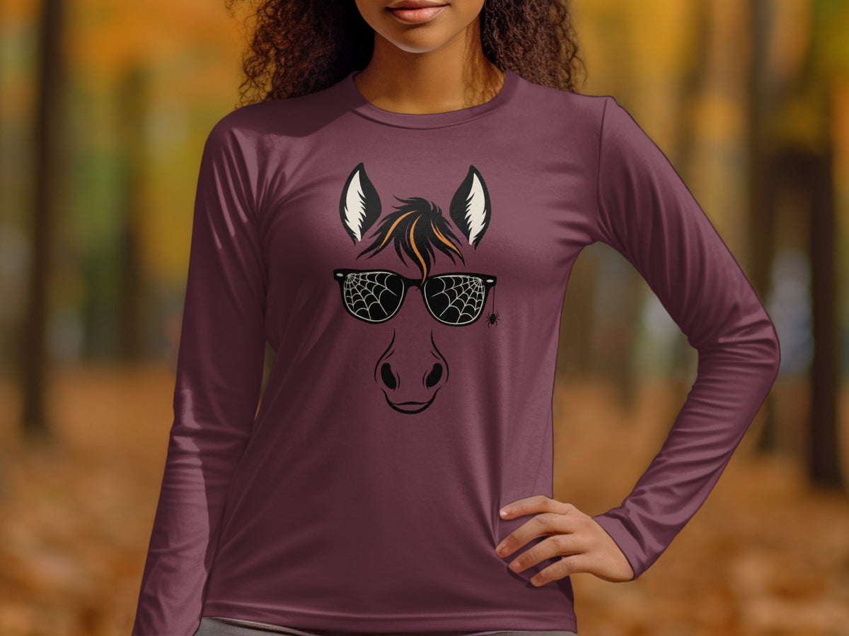 Long sleeve shirt with horse face, spiderweb sunglasses, and a spider graphic.