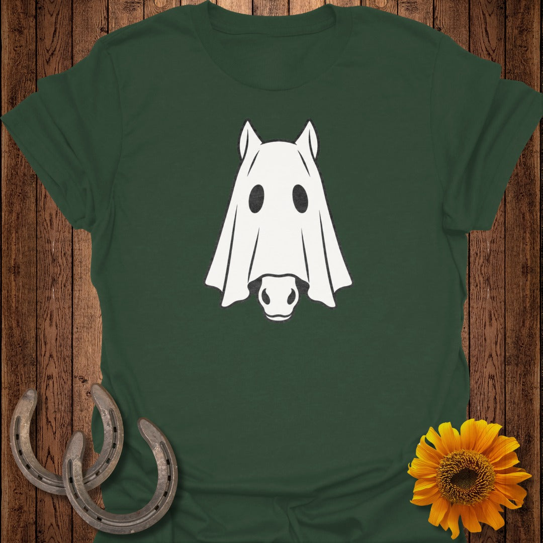Dark green t-shirt with a white ghost horse graphic, two horseshoes, and a sunflower.