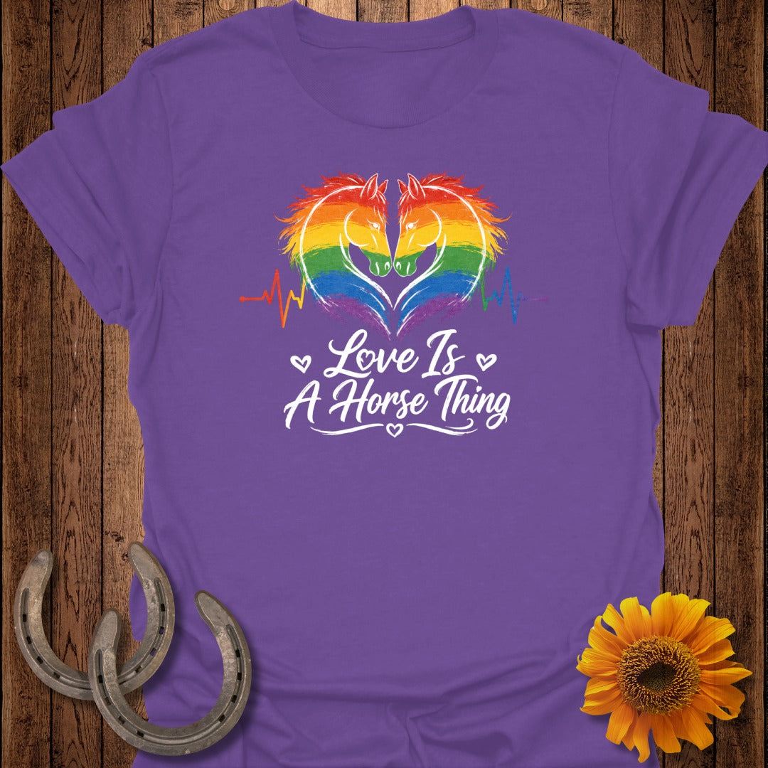 Purple t-shirt with rainbow horse heads and "Love Is A Horse Thing" text.