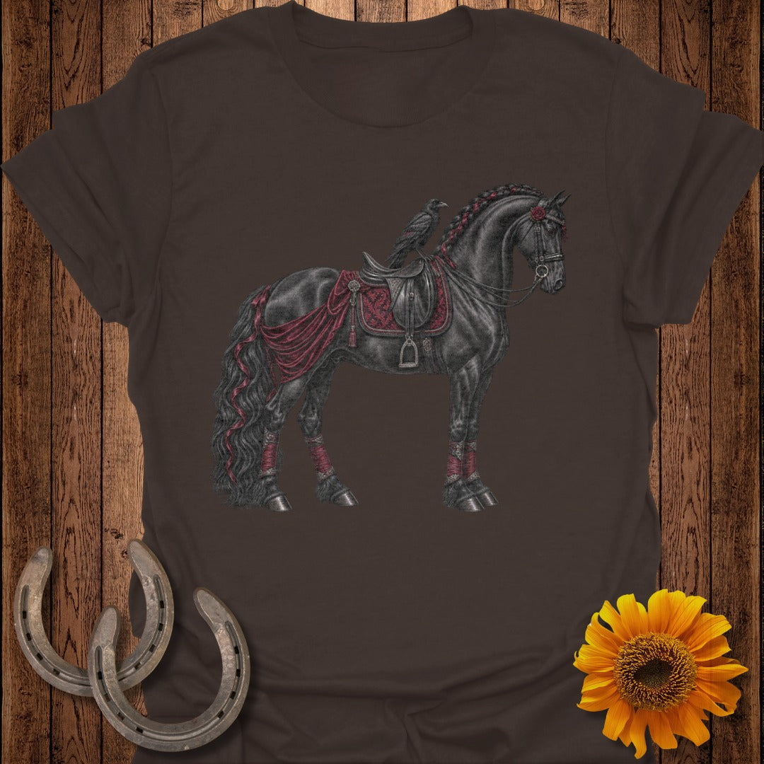 Black horse with a raven on its back, adorned with red saddle and leg wraps.