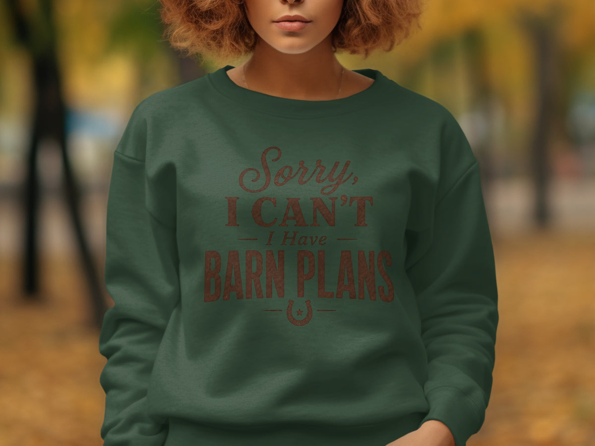 A person wearing a dark green sweatshirt with brown text reading Sorry, I Can't I Have Barn Plans.