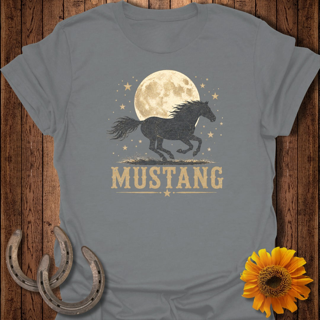 Grey t-shirt with black galloping horse silhouette against a moon and stars, with "MUSTANG" text.